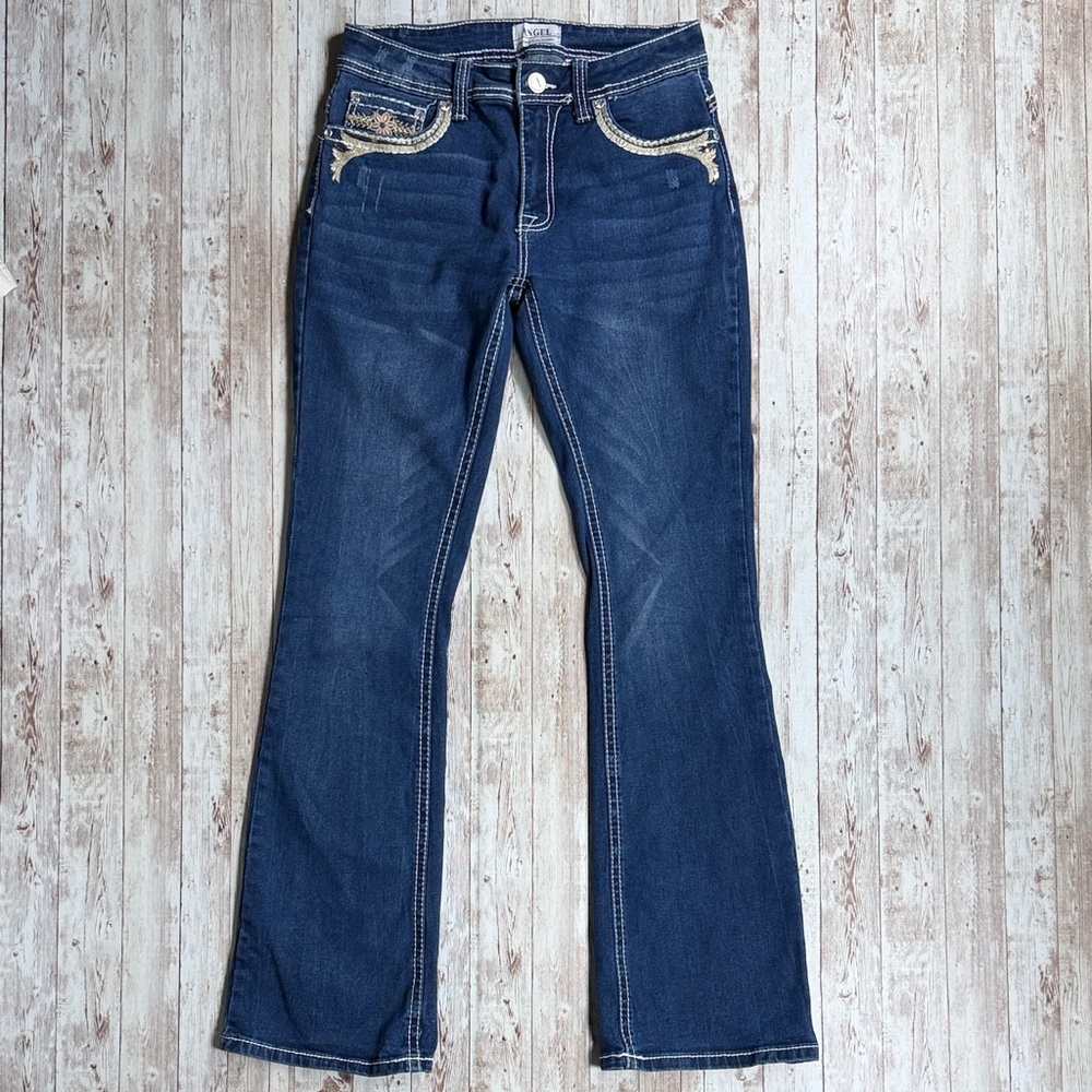 Angel Flare Jeans sz 9 Stretchy Dark Blue Mid Rise Denim Embroidery Crystal 32"